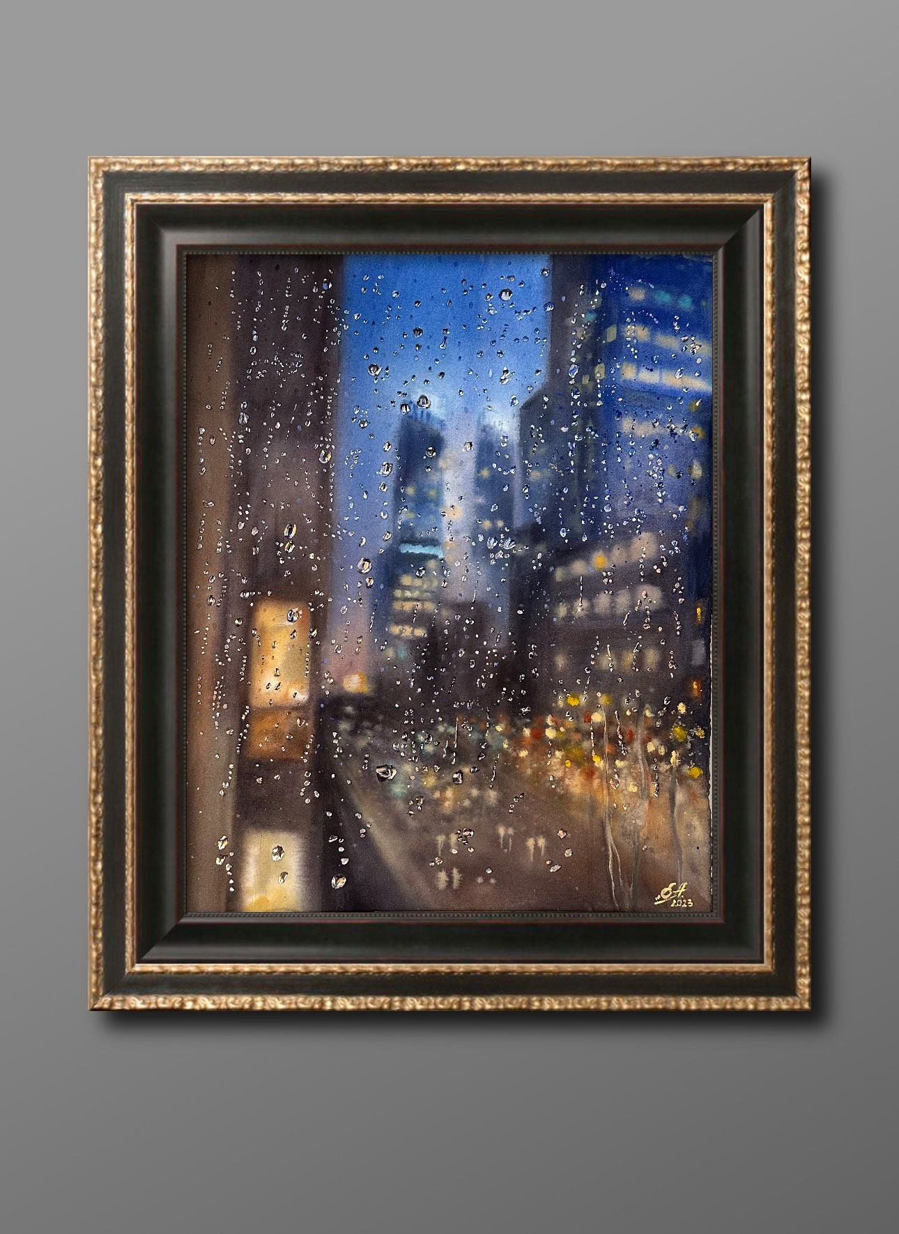 Raindrops on window,Rainy Day,Night city lights Painting,Night city lights,home decor, drop art, home wall decor, city view, nyc, cityscapes