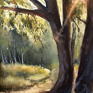 Sunny watercolor painting, original art, Ukrainian artist, homewall decor. Housewarming gift. Tree Art Woodland Painting 11×15&quot;