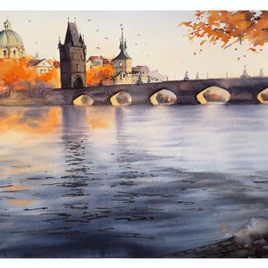 Original watercolor art, Praha, cityscape Europe, old architecture, home wall decor, city view, river painting, Prague Charles bridge