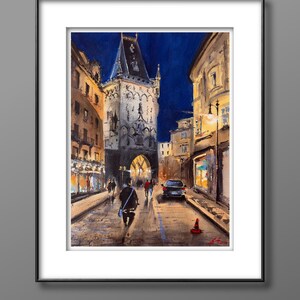 Original watercolor art, Prague tower, home decor, cityscape Europe, old architecture, home wall decor, city view,Night city lights Painting