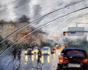 Original Watercolor of Rainy City View — Urban Night Scene with Car Lights and Raindrops