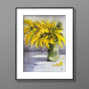 Dipinto ad acquerello originale di bouquet di mimosa, natura morta di fiori gialli, arte floreale primaverile, opera d'arte dipinta a mano, arredamento botanico per la casa