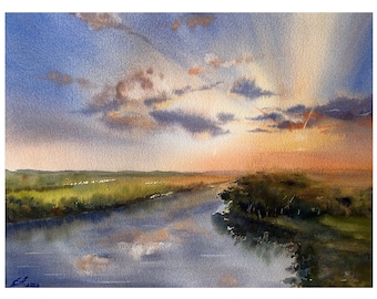 Original watercolour art, painting, home decor, landscape , gift, Ukrainian art, river, picture