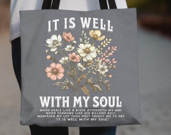 Bolsa de mano cristiana con flores, está bien con mi alma, regalo cristiano, bolsa religiosa, bolsa inspiradora, bolsa con versículos bíblicos, bolsa fiel