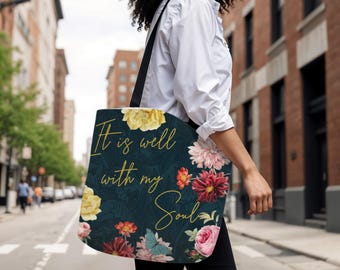 Bolsa de tela "Todo está bien con mi alma", Bolsa floral cristiana, Regalo de fe para mujeres, Bolsa de lona con versículo bíblico, Bolsa de compras reutilizable, Ecológica