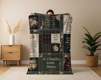 Personalized Christian Blanket, Scripture Patchwork Sherpa Throw, Custom Name mom Gift, Sympathy gift, Bible Verse, Scripture Floral Blanket