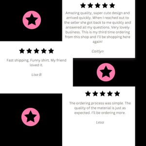 May include: Image showing customer reviews with star ratings. The reviews are set against a black backdrop with pink star icons. The text provides positive feedback on product quality, shipping, and customer service.