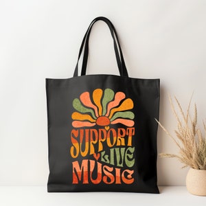 Canvas tote bag. Support Live Music Retro-Style Concert Festival black bag,natural color Support Local Bands Music,Gift For Musician Artist