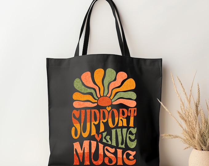 Support Live Music Canvas Tote Bag, Music Lover Eco-Friendly Carryall Retro-Style Concert Festival bag, Local Band Gift For Musician Artist