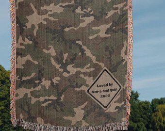 Manta tejida de camuflaje personalizada para papá, abuelo, esposo, regalo de caza, regalo para veterano militar, manta rústica de cabaña, manta con nombre personalizado