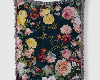 It Is Well With My Soul Woven Blanket, Christian Floral Throw, Bible Verse Blanket, Faith Home Decor, Religious Gift, Boho Floral Tapestry