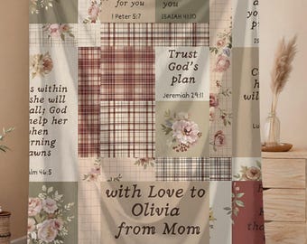 Christian Scripture Blanket, Floral Patchwork style Sherpa Throw, Personalized Bible Verse Gift for Daughter Mom Faith Religious Inspiration