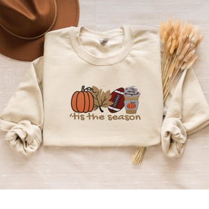 Embroidered Fall Sweatshirt Tis the Season, Pumpkin Spice Coffee Football Crewneck, Cozy Autumn Pullover Gift for Her, thanksgiving shirt