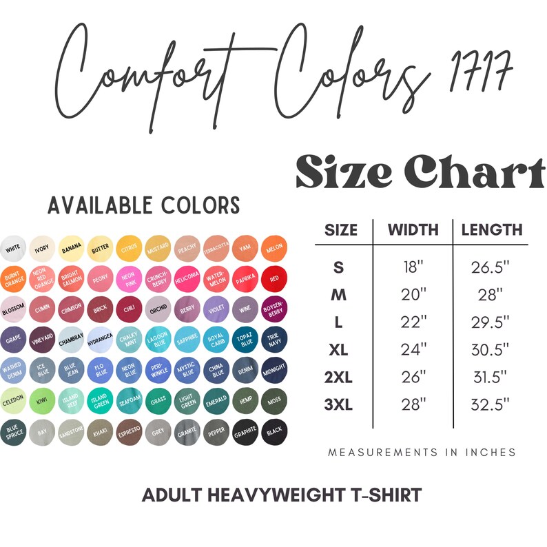 Pode incluir: Uma tabela de tamanhos para t-shirts pesadas para adultos com medidas em polegadas. A tabela mostra os tamanhos de S a 3XL com as medidas de largura e comprimento correspondentes. A tabela tamb&eacute;m inclui uma tabela de cores com uma variedade de cores.