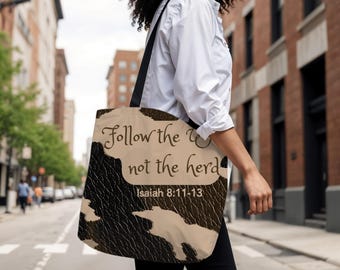 Follow the Word Not the Herd Tote Bag, Christian Cow Print Bag, Western Faith Gift, Bible Verse Tote, Cowgirl Scripture Bag Rustic Christian