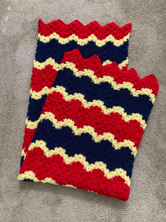 Hand Crochet Blanket Red, Blue and Yellow 45x60 Inches