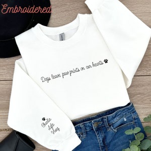 Dog Lover Crewneck Sweatshirt with Custom Embroidered Quote and Pet Names embroidered onto the sleeve. Gift for Dog Lover. New Dog Mom/Dad.