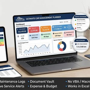 May include: A laptop, tablet, and smartphone displaying the Ultimate Car Management Planner, a professional Excel tool. The screens show a dashboard with expense, fuel, and service data, including charts, tables, and service reminders in a clean interface.