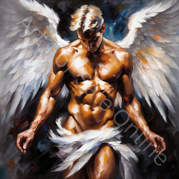 Digital Print Of Male Angel With White Wings Painting Nice Man Figure Romantic Picture Printable Artwork Instant Download Art Poster