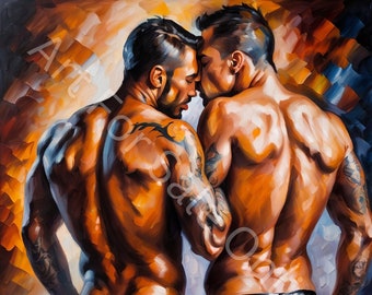 Gay Couple Art Print: Sensual Men Kissing, LGBT Painting (Digital Download)