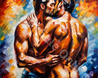 Gay Couple Art Print: Sensual Men Kissing (Digital Download)