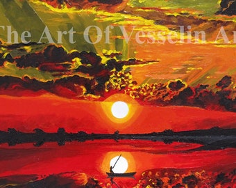Original Seascape Oil Painting: Vivid Sunset Art, Framed Canvas (28x20)