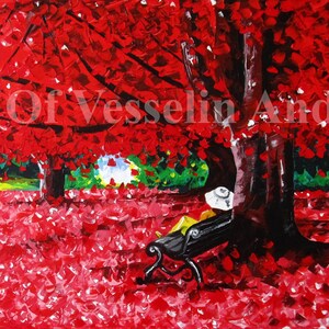 Impressão de pintura a óleo de paisagem original - Outono - Imagem de arte de floresta vermelha, decoração de parede, pôster de madeira e natureza do artista