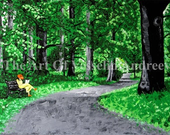 Groen bos lentelandschapsprint: gesigneerde natuurkunst