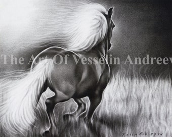 Black and White Horse Art Print: Wild Animal Oil Painting