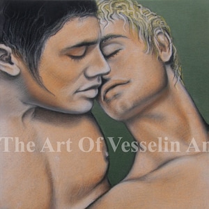 Stampa di disegno originale a pastello maschile – Innamorato – Figure gay, immagine sensuale, arte maschile di un artista