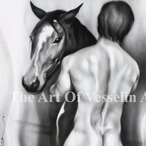 Print Of Original Male Oil Painting – Love – Naked Man & Horse Drawing Picture Artwork By Artist