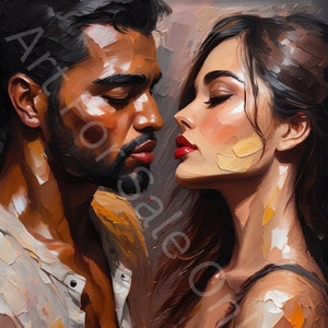 Imagen romántica imprimible, archivo digital de pareja enamorada, pintura al óleo, hombre y mujer besándose, impresión artística sensual, descarga instantánea.