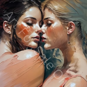 Printable Lesbian Couple Picture Digital File Of Female Painting Beautiful Fallen In Love Women Kissing Each Other Sensual LGBT Art Print