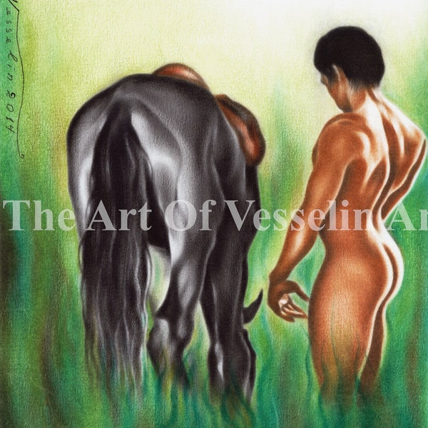 Print Of Male Oil Painting – A Walk In The Forest – Naked Man & Horse Drawing Picture Artwork By Artist