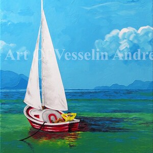 Pintura al óleo de paisaje marino sobre lienzo estirado: tomando un descanso: arte de pared náutico original, imagen de paisaje marino enmarcada