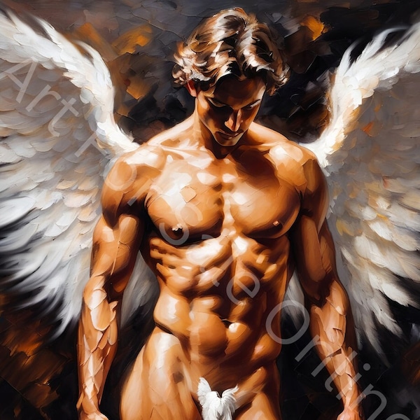 Digital Print Of Nude Male Angel With White Wings Painting Nice Naked Man Figure Picture Printable Artwork Instant Download Art Poster