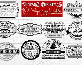 Può includere: Un set di 10 design di cartelli natalizi vintage in SVG. I cartelli presentano vari temi natalizi, tra cui pan di zenzero, Babbo Natale e un albero di Natale. Il testo sui cartelli include frasi come "Mrs. Claus Gingerbread Bakery", "Old Fashioned Gingerbread Bakery" e "Merry Christmas from the [Your Name] Family".