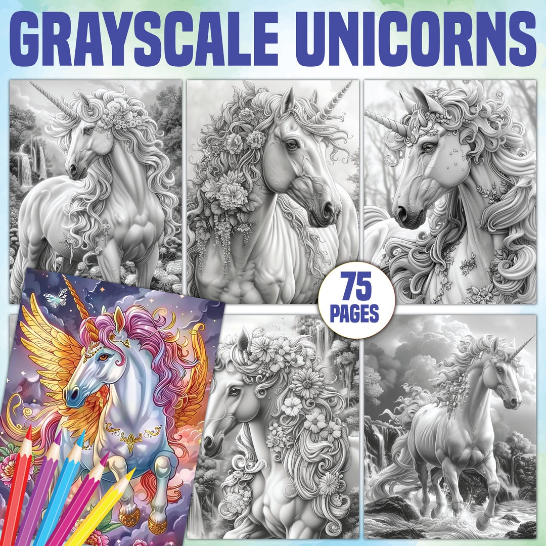Grayscale Unicorns Coloring Pages for Adults | Enchanting Printable ...