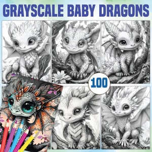 Grayscale Fantasy Baby Dragons Coloring Pages for Kids and Adults | Enchanting Printable Coloring Sheets