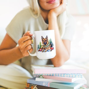 German Shepard Family Ceramic Mug 15oz - Winter, Dog Coffee Mug, Christmas Theme, German Shepard Lovers