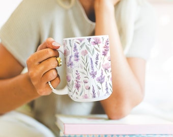 Lavender Wildflower Ceramic Mug 15oz - Lavender Coffee Mug, Floral Pattern, Flowers