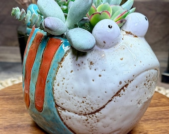 Whimsical Fish Live Succulent Planter – Speckled Ceramic Fish, Coastal Decor, Unique Plant Gift