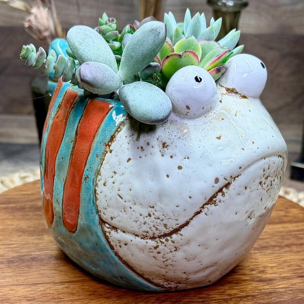 Whimsical Fish Live Succulent Planter – Speckled Ceramic Fish, Coastal Decor, Unique Plant Gift