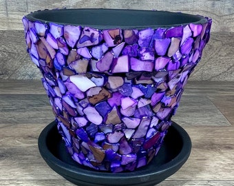 Grand pot de fleurs d'intérieur fait main « Purple Rain » en éclats de coquillages