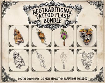 Neotraditional Tattoo Flash Bundle – 20 Procreate Stamps, High-Res Stencils (Digital Download)