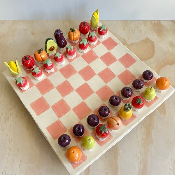 Fruits vs. wannabe Veg Chess set fruit vegetable themed unique chess set funky home decor