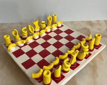 Ceramic Pasta Themed Chess Board Set Unique Funky Handmade