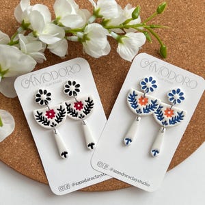 Handmade Boho Floral Polymer Clay Earrings: Blue & Orange Statement Jewelry