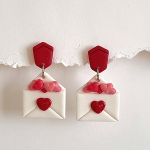 Handmade Polymer Clay Envelope Earrings: Valentine&#39;s Heart Dangle