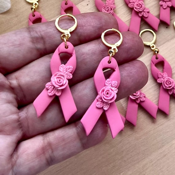 Handmade Pink Ribbon Polymer Clay Earrings: Breast Cancer